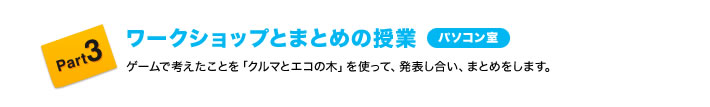 Part3 ワークショップとまとめの授業(パソコン室)ゲームで考えたことを「クルマとエコの木」を使って、発表し合い、まとめをします。