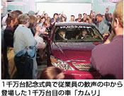 1千万台記念式典で従業員の歓声の中から登場した1千万台目の車「カムリ」