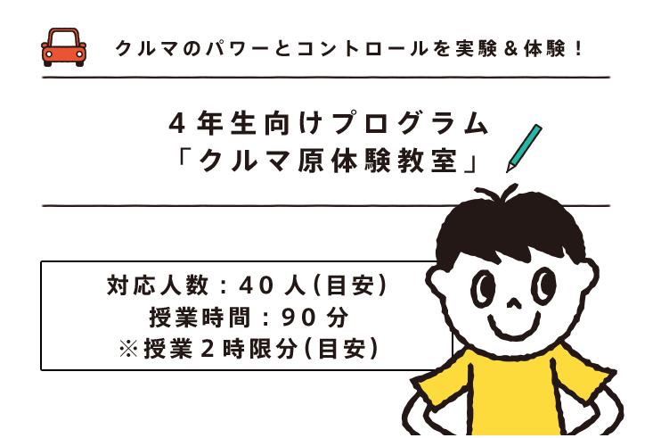 クルマのパワーとコントロールを実験＆体験！4年生向けプログラム「クルマ原体験教室」対応人数：40人（目安）授業時間：90分※授業2時限分（目安）