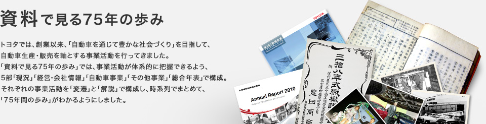 資料で見る75年の歩み　トヨタでは、創業以来、「自動車を通じて豊かな社会づくり」を目指して、自動車生産・販売を軸とする事業活動を行ってきました。「資料で見る75年の歩み」では、事業活動が体系的に把握できるよう、5部「現況」「経営・会社情報」「自動車事業」「その他事業」「総合年表」で構成。それぞれの事業活動を「変遷」と「解説」で構成し、時系列でまとめて、「75年間の歩み」がわかるようにしました。