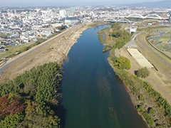 上空から見た矢作川（左岸上部を皆伐）