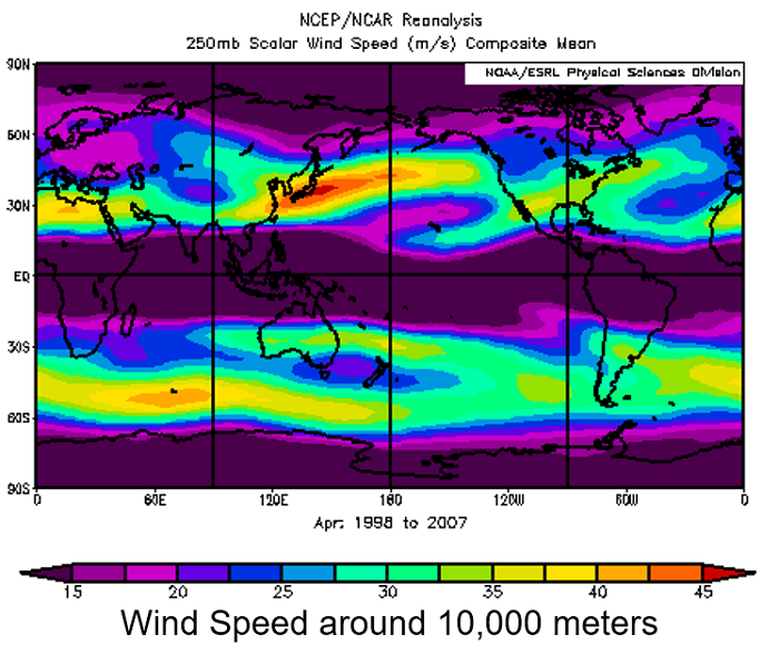 世界の上空10km（10000m）付近の10年間平均風速分布