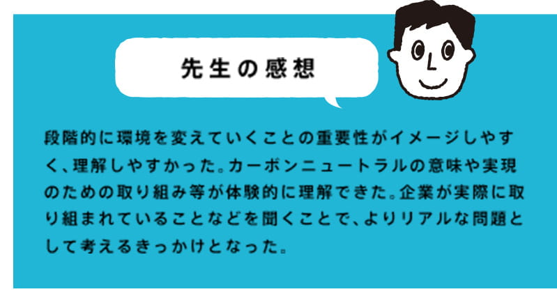 段階的に環境を変えていくことの重要性がイメージしやすく、理解しやすかった。カーボンニュートラルの意味や実現のための取り組み等が体験的に理解できた。企業が実際に取り組まれていることなどを聞くことで、よりリアルな問題として考えるきっかけとなった。