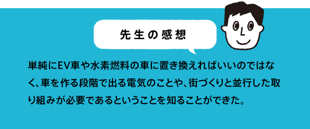単純にEV車や水素燃料の車に置き換えればいいのではなく、車を作る段階で出る電気のことや、街づくりと並行した取り組みが必要であるということを知ることができた。