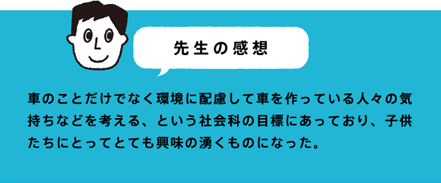 先生の感想 車のことだけでなく環境に配慮して車を作っている人々の気持ちなどを考える、という社会科の目標にあっており、子供たちにとってとても興味の湧くものになった。