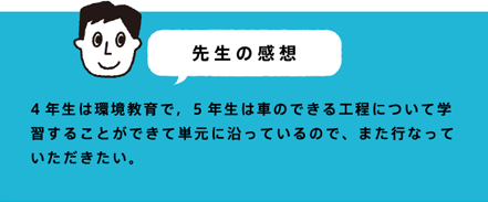 先生の感想 4年生は環境教育で、5年生は車のできる工程について学習することができて単元に沿っているので、また行なっていただきたい。