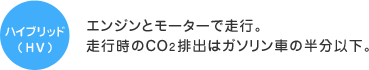 ハイブリッド（HV）：エンジンとモーターで走行。走行時のCO2排出はガソリン車の半分以下。