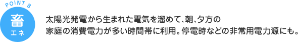 POINT3 蓄エネ：太陽光発電から生まれた電気を溜めて、朝、夕方の家庭の消費電力が多い時間帯に利用。停電時などの非常用電力源にも。